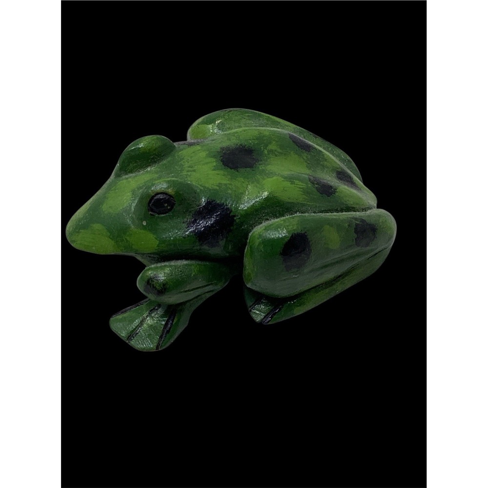 4" Frog Wood Carved Artist Signed Green Spotted Decor Collectible